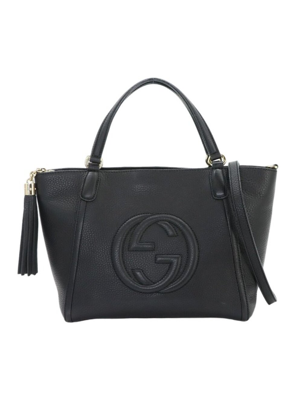 Gucci Soho Interlocking G 2-Way Tote Shoulder Bag Leather Black Gold